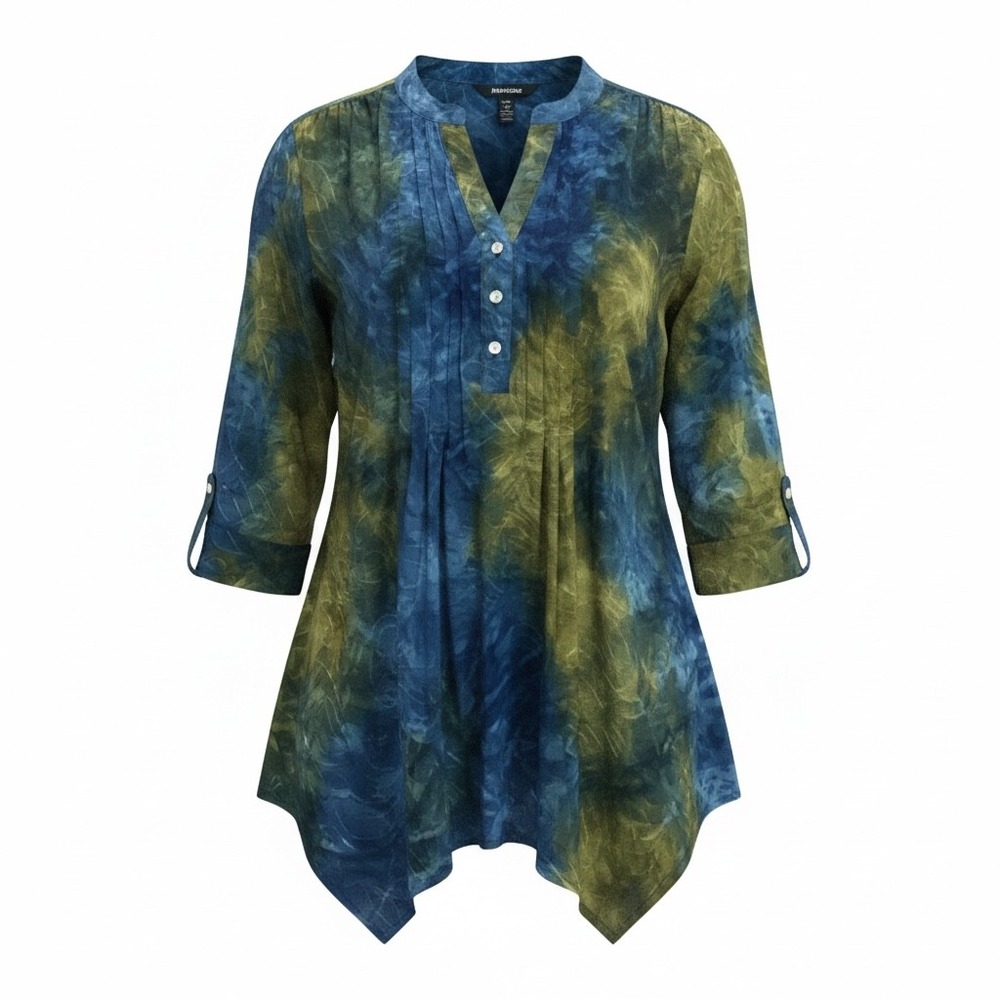 New Directions Curvy Blue Green Tie Dye Sharkbite Hem Tunic Top 1X